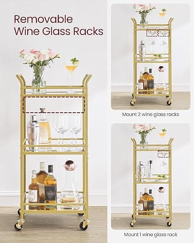 VASAGLE Bar Cart, Home Bar Serving Cart, Small Bar Serving Cart with 3-Tier Shelf, Wine Holders, Glass Holders, Mini Bar Cart for Small Spaces, Kitchen, Dining Room, Living Room, Pale Gold thumbnail 6