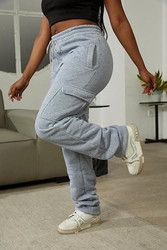 Women Cargo Sweatpants Stacked Pants Warm Fleece Drawstring Waist Casual Joggers Trousers thumbnail 3