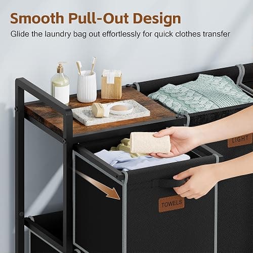 Hoctieon 4 Section Laundry Cart, 48 Gal. (182L) Laundry Hamper with Lid, Laundry Basket with Wheels, Rolling Laundry Sorter Organizer with Shelf, Clothes Separator with Removable Bags, Black thumbnail 5