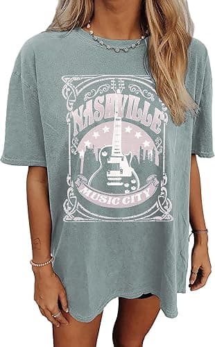 Oversized Rock Band T-Shirt Women Country Music Shirt Tops Nashville Music City Tshirt Vintage Guitar Wings Graphic Tees - Small - Green-1 - Image 1