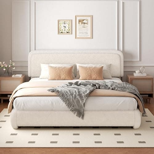 SwnftWinnt Queen Size Boucle Bed Frame with Adjustable Headboard, Upholstered Cloud Platform Bed, Anti-Collision Soft Rounded Corners, No Box Spring Needed, Easy Assembly, Noise Free, Beige - Image 1