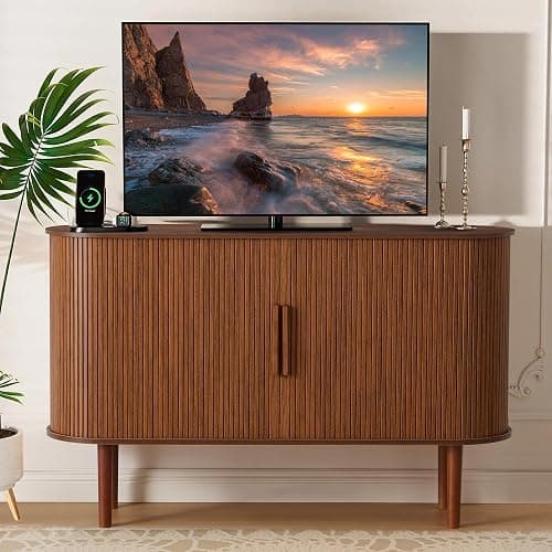 XUZENEST 53''Sideboard Buffer Cabinet with Fluted Slide Doors, Modern Credenza Storage Cabinet, Tambour Bar Console Table for Living Dining Room Kitchen Hallway Entryway, Walnut thumbnail 8