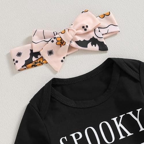 Newborn Baby Girl Halloween Clothes Long Sleeve Romper Tops Pumpkin Bell-Bottom Pants Headband Infant Fall Outfits thumbnail 3