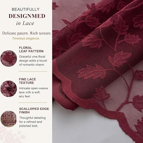 Burgundy Floral Lace Shower Curtain with Valance, 72 x 72 Inch, 1 Panel | Victorian Romance, French Country Charm, Shabby Chic Accent, Soft Light Diffusion, Rich Bath Decor, Subtle Privacy thumbnail 6