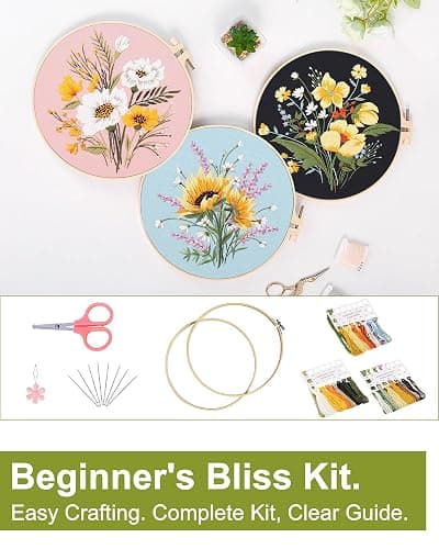 Santune 3 Pack Flower Embroidery Kit for Beginners Adults Cross Stitch Kits for Beginners Hand Embroidery with Plant Patterns and Instructions DIY Kits for Adults with Hoops,Threads and Needles thumbnail 5
