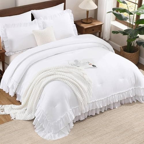 Andency White Comforter Set Queen Size, Lightweight Fluffy Farmhouse White Ruffle Bedding Set, Soft Microfiber All Season Shabby Chic Bed Comforter Set 3 Pieces(1 Ruffle Comforter 2 Pillowcases) thumbnail 2
