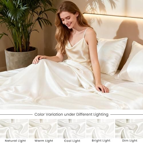 Love's cabin Satin King Sheet Sets - 4 Piece Ivory Silky Sheets King Size Bed Set with Deep Pocket, Luxury Silk Feel King Size Satin Sheet Set (1 Flat Sheet,1 Fitted Sheet,2 Pillow Cases) thumbnail 7
