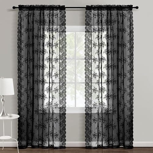 Kotile Black Lace Curtains 54 Inch Length 2 Panels, Country Rustic Floral Pattern Gothic Sheer Curtains for Bedroom, Rod Pocket Vintage Privacy Sheer Lace Curtain, 42 x 54 Inch, 1 Pair, Black thumbnail 2