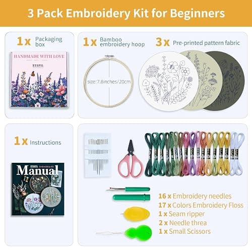 ETSPIL 3 Pack Beginner Embroidery Kits for Adults, DIY Starter Set with Stamped Flower Designs, Embroidery Hoop, Colorful Threads, Tools, Step-by-Step Instructions & Video Tutorial thumbnail 2