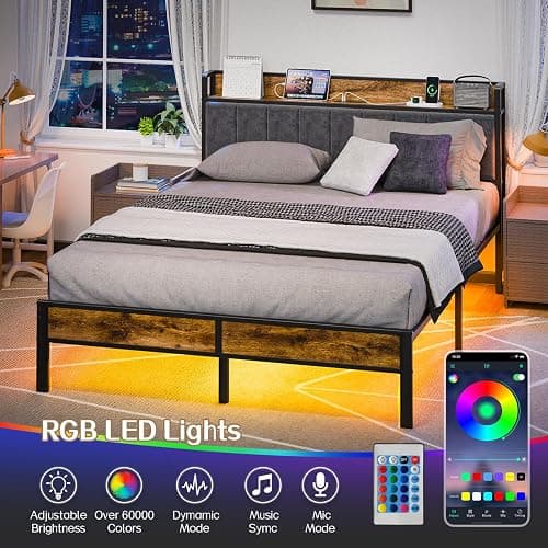 Liians Queen Bed Frame with Headboard, Metal Platform Bed with Smart LED Lights and USB Charging Station, Easy Assembly, No Box Spring Needed thumbnail 3