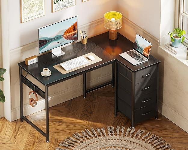 Casaottima L Shaped Desk with 4 Drawers, 40" Small Corner Computer Desk with Storage, Reversible Kids Study Table with Hook, Work Table for Home Office, Black thumbnail 2