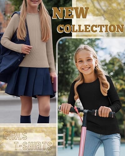LessonZoo 3 Pack Girls Long Sleeve Shirts Ribbed Knit Cotton Layering Tops Slim Fit Crewneck Casual Undershirts thumbnail 3