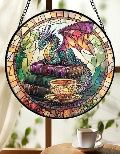 Dragon Decorative Stained Glass Sun Catcher - 7.87 Inch Bookshelf Decoration, Stained Glass Window Hanging Decoration, Suitable for Fantasy Lovers, Fantasy Gift for Friends, Family, Classmates thumbnail 5
