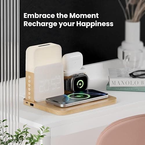 7 in 1 Wireless Charging Station, Alarm Clock with Wireless Charger for Bedrooms, Magnetic Charger with Night Light Bedside Clock for iPhone 16 15 14 13 12 Pro Max, Apple Watch, AirPods thumbnail 7