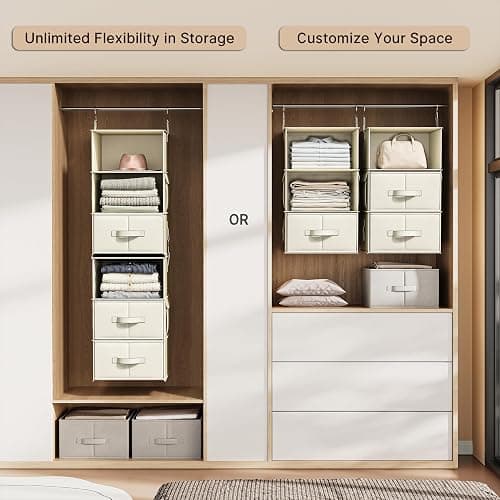 Vailando 6-Shelf Hanging Closet Organizer with 3 Drawers, 2 Separable 3-Shelf Closet Organizers and Storage for Wardrobe Organization, Hanging Dresser for Nursury & Dorm Clothes Organizer, Beige thumbnail 5