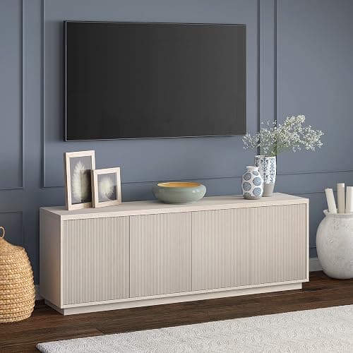 Henn&Hart Fluted TV Stand for TVs up to 75" with 2 Concealed Ribbed Storage Cabinets and Adjustable Shelves for Living Room, Family Room, or Office, Beech White thumbnail 7