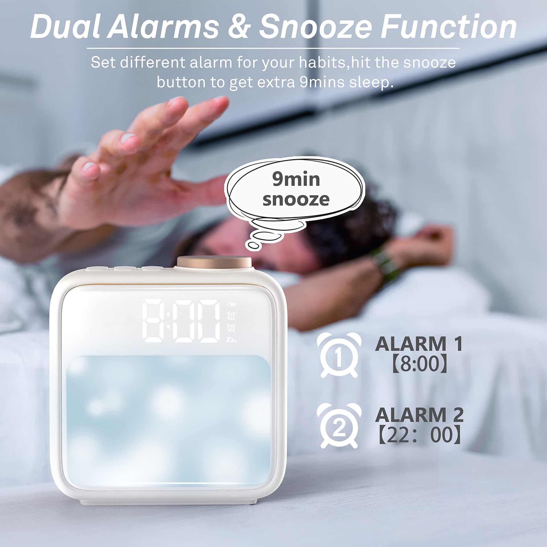 AIRIVO Alarm Clock Night Lights, Built-in Battery Alarm Clock for Bedrooms, 6 Scenes & White Noise Sync, Dual Alarms & Snooze, for Heavy Sleepers, Gifts for Kids Teens - Beige thumbnail 6