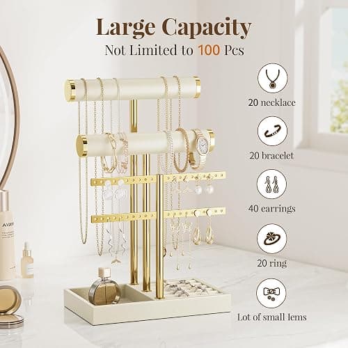 bussdis 3 Tier Bracelet Holder Display - Beige Leather Bracelet Holder, Detachable T Bar Jewelry Holder Organizer for Bracelet, Necklace, Earrings, Rings, Watches, Bangle thumbnail 6