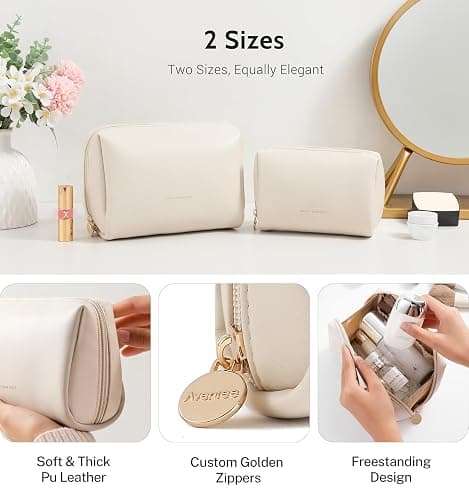 Aveniee Travel Makeup Bag Small, Vegan Leather Cosmetic Pouch for Purse, Wide-open Toiletry Organizer with Dividers & Zipper for Women-Beige thumbnail 3