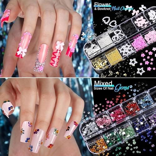 Teenitor Nail Charms Nail Stickers for Nail Art Kit, 8 Boxes Nail Rhinestones Nail Gems Pearls for Nails with 20 Sheets Nail Art Stickers, 3D Gold Nail Charms and Gems Nail Supplies Nail Art Tools thumbnail 3