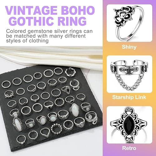 ZeriLion 42 Pcs Vintage Silver Knuckle Ring Set Cool Alt Goth Punk Rings for Women Men Adjustable Stackable Grunge Emo Aesthetic Jewelry Snake Skull Chunky Band Pack thumbnail 4