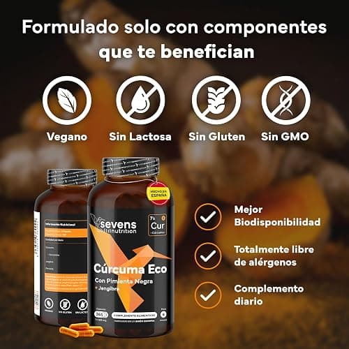 Cúrcuma con Jengibre y Pimienta Negra - 1410 mg por Dosis - 365 Cápsulas Formato Ahorro XL - Cúrcuma ECO en Cápsulas Veganas - Antiinflamatorio Natural - Apoyo Óseo y Articular - Sevens thumbnail 5