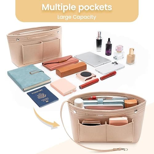 HyFanStr Taschenorganizer Filz Bag in Tasche Organizer, Innentaschen Handtaschen Organizer für Handtasche mit Griffen und Schlüsselkette, Bag Organizer Beige Groß thumbnail 4