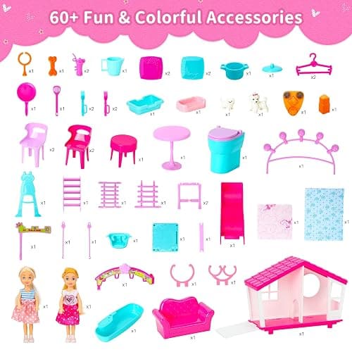 Style Shine Doll House Portable & Foldable Dollhouse w/ 60+ Pcs & 2 Dolls, Play House Toy with Bedroom Bathroom Kitchen Furniture Playset, Playhouse Gift for Girl Kid Toddler thumbnail 6
