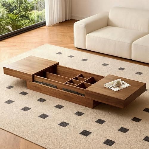 Pajiasen Mid-Century Modern Farmhouse 47.2-81.8" Expandable Coffee Table，Adjustable Center Table with Large Storage for Living Room, Walnut thumbnail 6