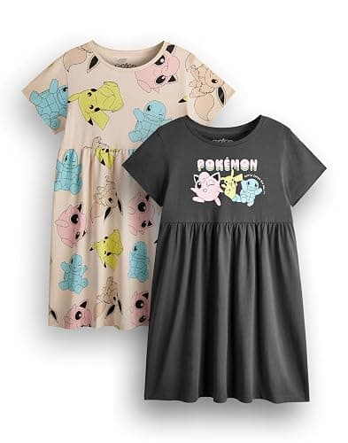 Pokemon Girls Dress Pack of 2 | Dark Grey & Tan Short Sleeve Summer Dresses Graphic Daywear - 7-8 Years - Image 1