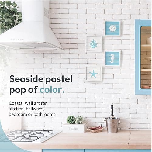 Tide and Tales Coastal Wall Art (Framed Set of 4) Beach Bathroom Wall Decor with Starfish, Seahorse, Sand Dollar and Coral - Ocean Theme Turquoise Room Decor - Seashell Beach Decorations for Home 7" x 7" thumbnail 8