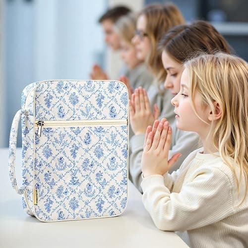 WOBAGMEN Bible Cover Case for Women,Large Bible Tote Bags Organizer Quilted Carrying Case for Girls,Bible Study Supplies Accessories Christian Gifts for Women (Vintage Blue, M) thumbnail 6