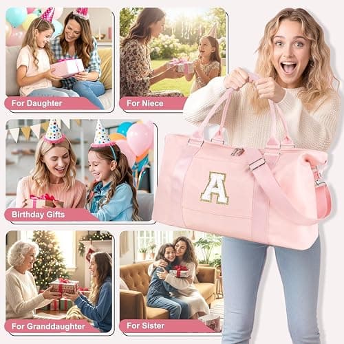Dance Gym Duffel Bag for Teen Girls, Personalized Initial Travel Weekender Bag,Cute Overnight Carry On Duffle for Women,Sports Travel Cheer Bag,Monogram Christmas Gifts for Tween Preppy(pink-A) thumbnail 4