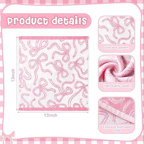 SmoothNovelty 6 Pcs Pink Bow Washcloths 100% Cotton Wash Cloths 13" x 13" Coquette Small Face Towels Absorbent Soft Hand Bath Towels for Bathroom, Spa, Kitchen Drying Cleaning (Classic Style) thumbnail 2