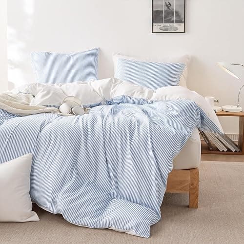 Wake In Cloud - Striped Comforter Set, Ticking Stripe Vertical Pinstripe Neutral Farmhouse Pattern Printed, Soft Lightweight Bedding, 3 Pieces, Blue White, Queen Size thumbnail 6