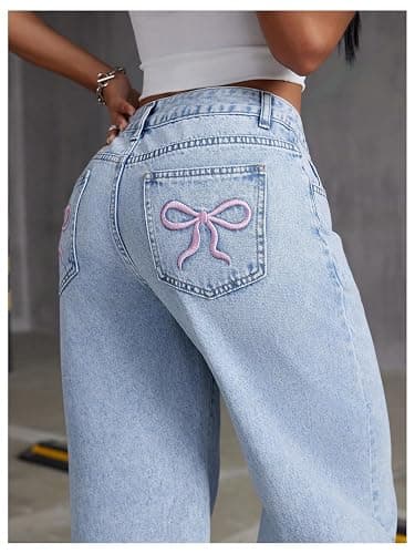 Floerns Women's Bowknot Embroidery Jeans Y2k Straight Leg Boyfriend Denim Pants thumbnail 5