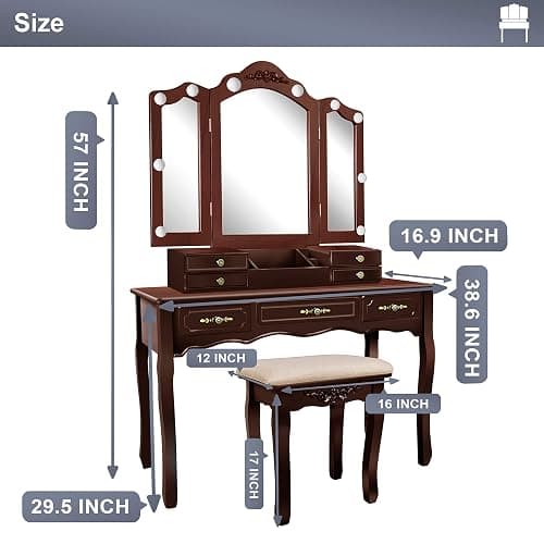ENSTVER Vintage Vanity Desk with Mirror and Lights, Tri-Folding Mirrors, 6 Organization 7 Drawers Makeup Dress Vanity Table with Cushioned Stool-Espresso thumbnail 2