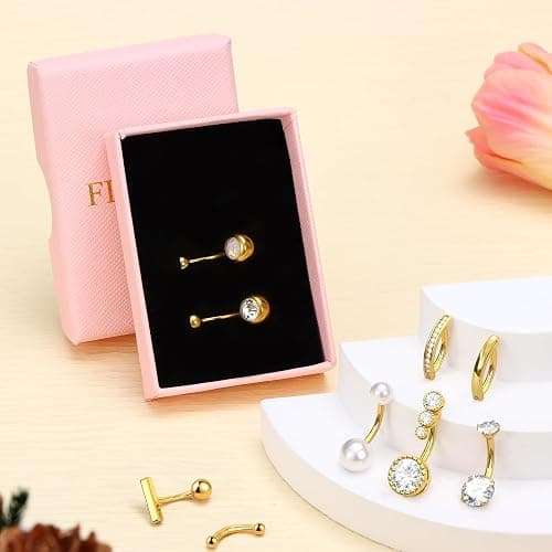 FIASASO 9 Pcs Gold Belly Button Ring Surgical Stainless Steel Belly Rings CZ Opal Pearl Belly Button Ring Clicker Belly Piercings for Women Navel Piercings Pack Silver/Gold - Gold - 10.0 Millimeters thumbnail 4
