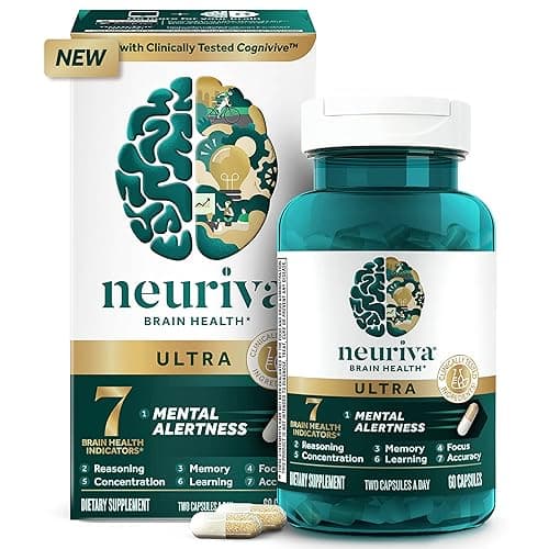 NEURIVA Ultra Decaffeinated Clinically Tested Nootropic Brain Supplement for Mental Alertness, Memory, Focus & Concentration, Cognivive, Neurofactor, Phosphatidylserine, Vitamins B6 B12, 60 Capsules - Image 1