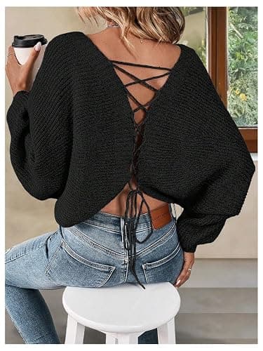 RoseSeek Women's Off Shoulder Lace Up Open Back Sweaters Long Sleeve Loose Pullovers Casual Knit Fall Tops thumbnail 3