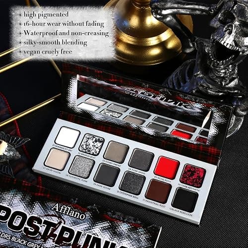 Black Gray Red Goth Makeup Palette, High Pigmented Grey Silver Brown Matte Shimmer Smokey Eyeshadow Palette, 12 Color Long Last Dark Emo Grunge Vampire Eye Shadow for Daily & Halloween Clown,Blendable thumbnail 6