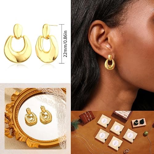 NECOCY 4 Pairs 14k Gold Hoop Plated Earrings Set for Women - Huggie Dangle Stack - Trendy Multiple Piercing Stud CZ Ear Cuff - Non Tarnish Jewelry thumbnail 4