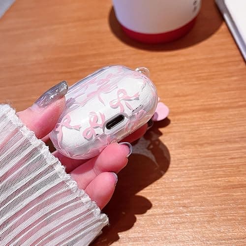 MINSCOSE Compatible with AirPods 4 Clear Case,Cute Ribbon Bow Pretty Aesthetic Design with Bow Pearl Keychain,Soft TPU Protective Shockproof Case for Women Girl for Airpod 4-Pink thumbnail 6