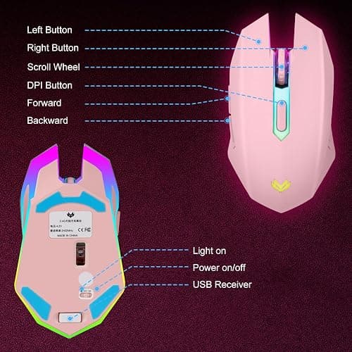 LuLabboard Wireless Gaming Mouse, Rechargeable Wireless Computer Mouse, 7-Color LED Light, Ergonomic Mouse with 6 Silent Click Buttons, 3 Adjustable 2400 DPI Wireless Mouse for Laptop,PC,Mac, Pink - Pink thumbnail 6