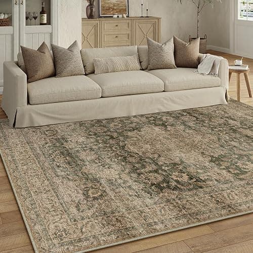 WondRg 8x10 Washable Area Rug Green Brown Vintage Non Slip Soft Low Pile Rug for Living Room Bedroom Dining Room Office Distressed Oriental Indoor Large Throw Carpet for Home Decor thumbnail 3