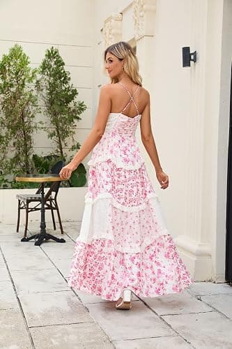Women Floral Patchwork Maxi Dress V Neck Sleeveless Cross Back Spaghetti Strap Tiered Sundress Summer Long Dress thumbnail 7