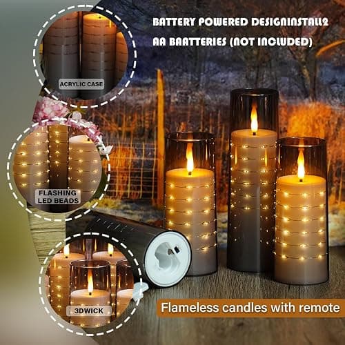 Flameless LED Candles with Embedded Star String, Battery Operated Candles with Remote Control, 7 Packs Flickering Pillar Candles for Home Decor (Grey) thumbnail 3