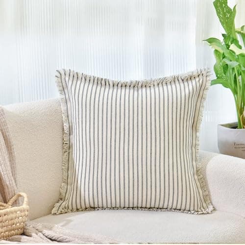 ZWJD Throw Pillow Covers 20x20 Set of 2 Striped Pillow Covers with Fringe Chic Cotton Decorative Pillows Square Cushion Covers for Sofa Couch Bed Living Room Farmhouse Decor thumbnail 2