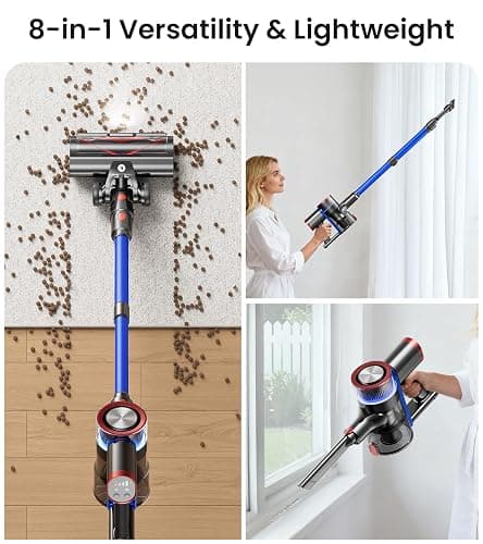 NADALY Cordless Vacuum Cleaner, 550W 45Kpa 65Mins Vacuum Cleaners for Home, Stick Vacuum with LED Display, Anti-Tangle, Self-Standing, 8-in-1 Lightweight Vacuum for Hardwood Floor/Carpet/Pet Hair thumbnail 8