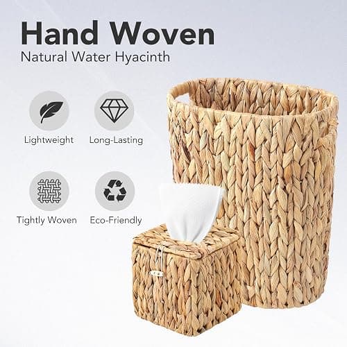 Wicker Trash Can and Square Tissue Box Cover, 4 Gallon Water Hyacinth Bathroom Trash Can, Handwoven Napkin Holder, Narrow Small Waste Basket, Rustic Decorative Home Set for Bedroom,Office (Khaki) thumbnail 7